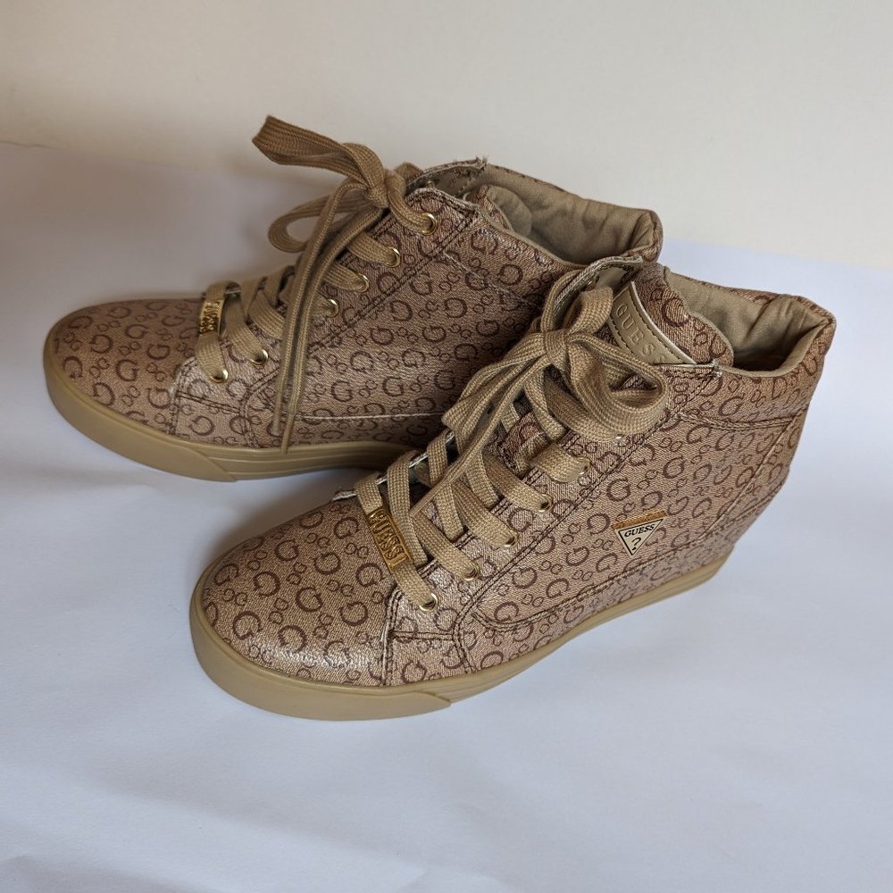 GUESS WGMYSTIFY-R high-top, wedge, tan shoes, size 9